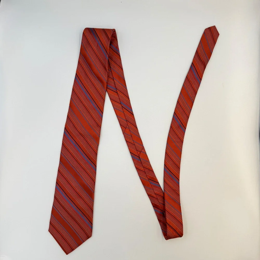 VTG Perry Ellis Portfolio Silk Tie Burnt Orange Blue Stripe WPL 2831 Made in USA